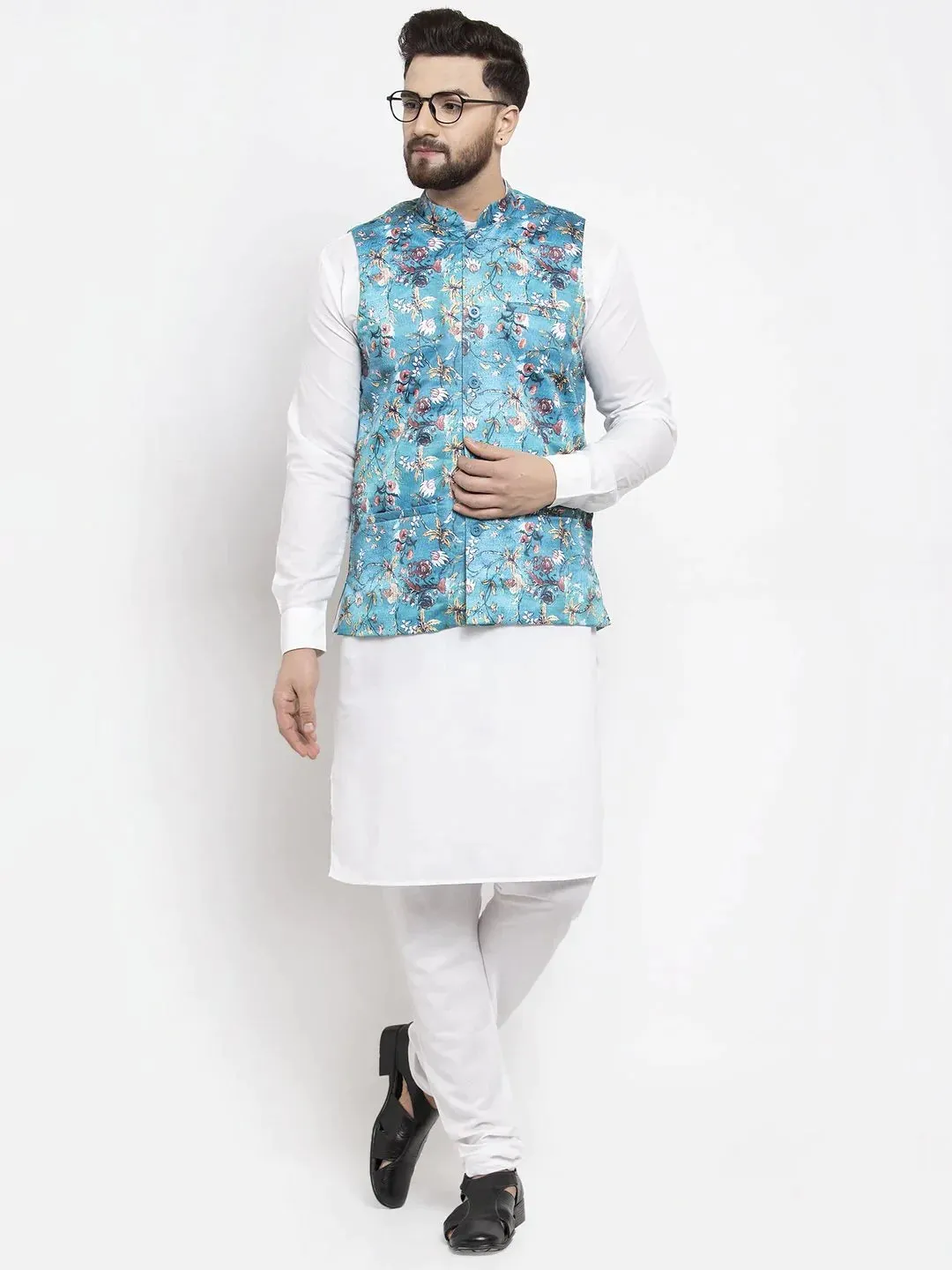 Men Sky-Blue Printed Satin Nehru Jacket