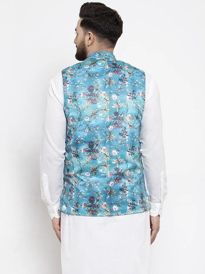 Men Sky-Blue Printed Satin Nehru Jacket