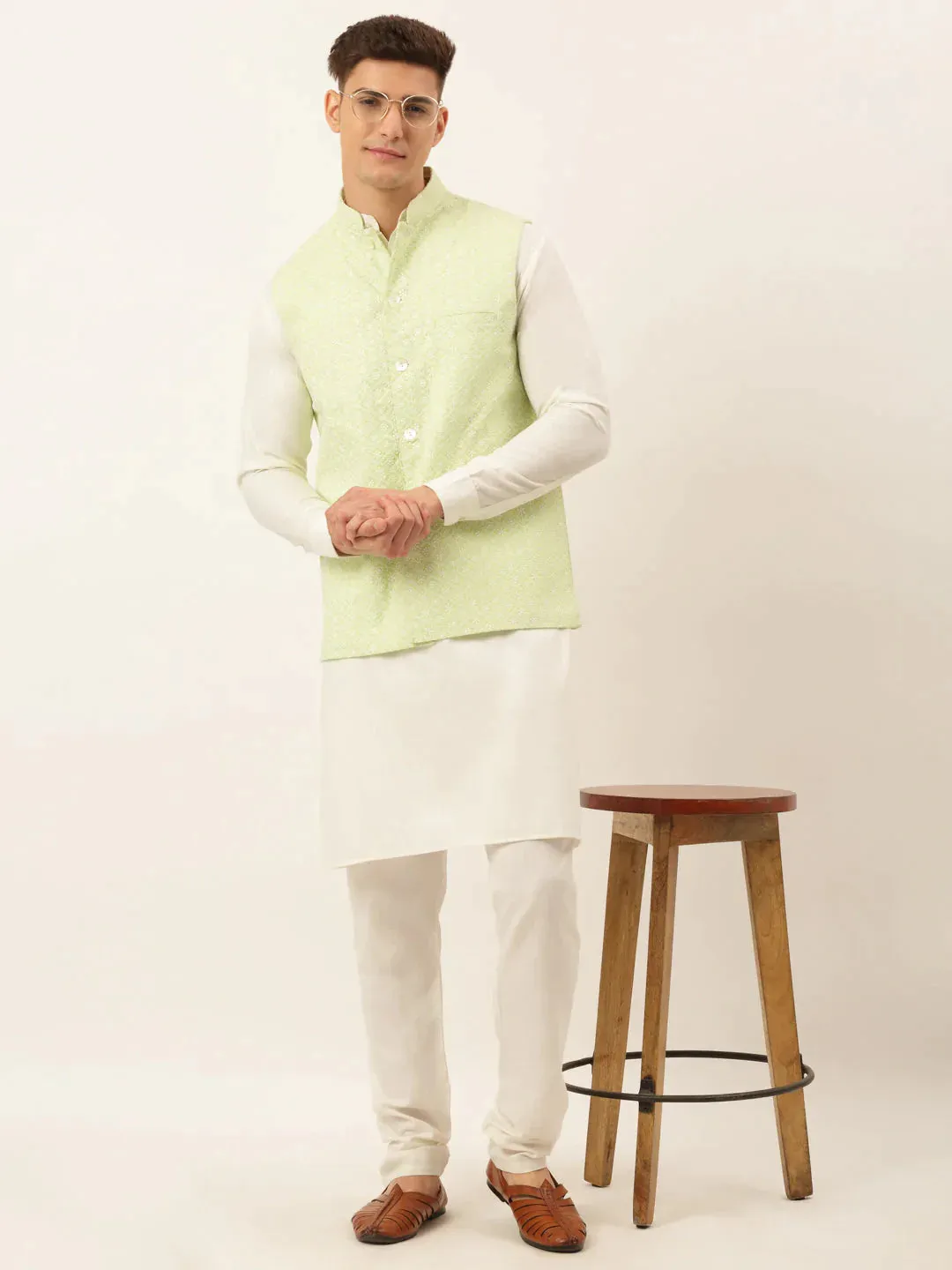 Men White Cotton Blend Kurta With Pyjamas & Green Embroidered Nehru Jacket