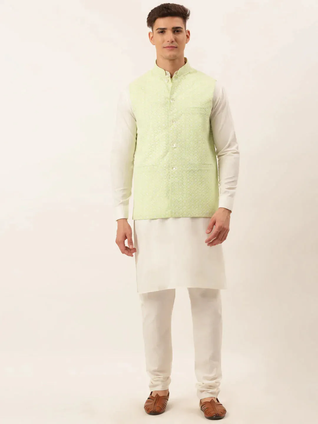 Men White Cotton Blend Kurta With Pyjamas & Green Embroidered Nehru Jacket