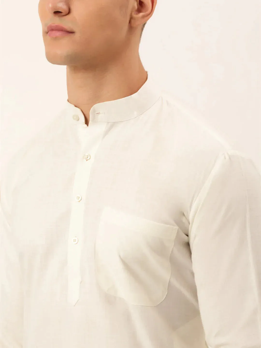 Men White Cotton Blend Kurta With Pyjamas & Green Embroidered Nehru Jacket