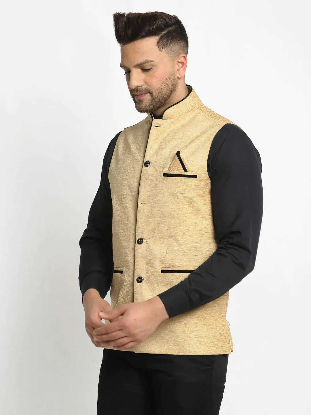 Men'S Beige Solid Nehru Jacket With Square Pocket