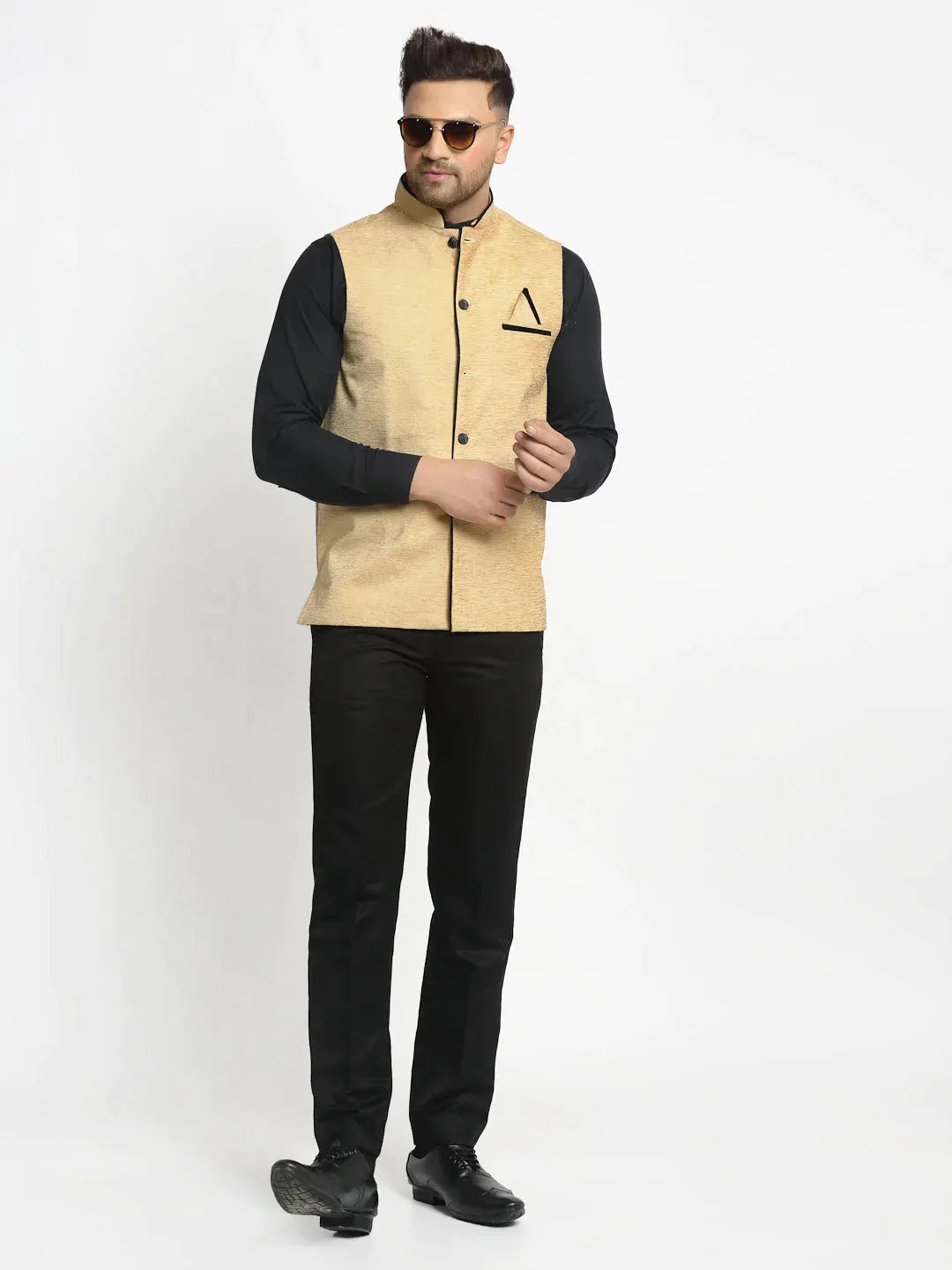 Men'S Beige Solid Nehru Jacket With Square Pocket