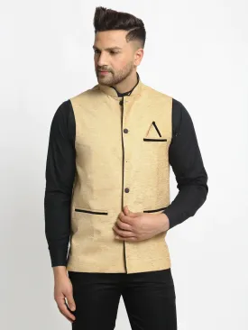 Men'S Beige Solid Nehru Jacket With Square Pocket