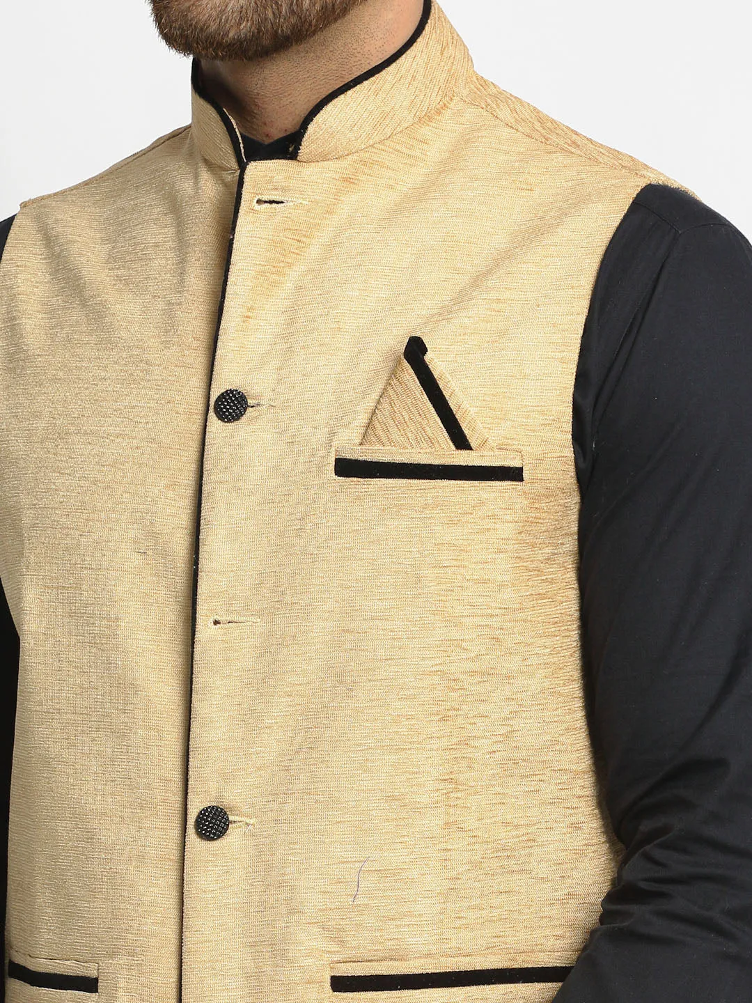 Men'S Beige Solid Nehru Jacket With Square Pocket