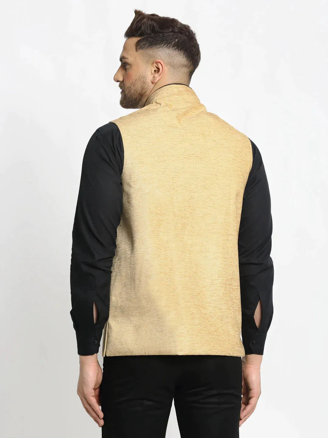 Men'S Beige Solid Nehru Jacket With Square Pocket