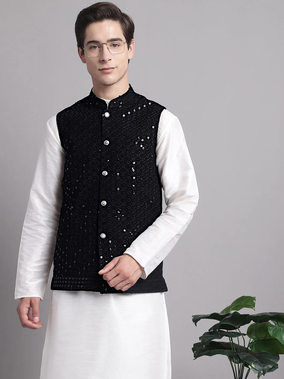 Men'S Black Sequins And Embroidered Nehru Jacket