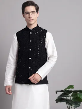 Men'S Black Sequins And Embroidered Nehru Jacket