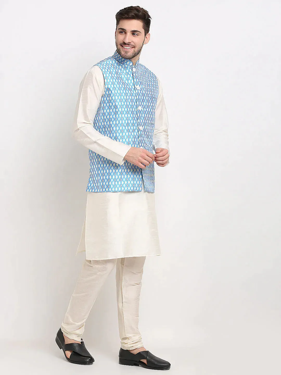 Men'S Blue Ikat Printed Nehru Jacket