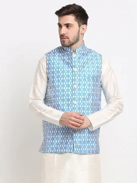 Men'S Blue Ikat Printed Nehru Jacket