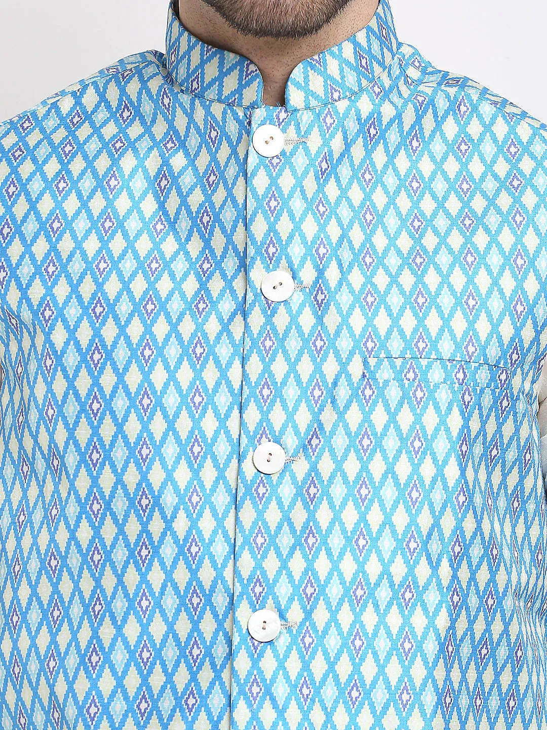 Men'S Blue Ikat Printed Nehru Jacket