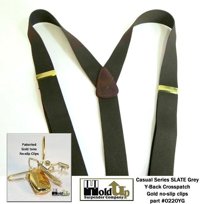 Men's Dark Slate Grey 1 1/2" wide Holdup Suspenders with Brown leather Y-back crosspatch and USA Patented No-slip Gold tone Clips