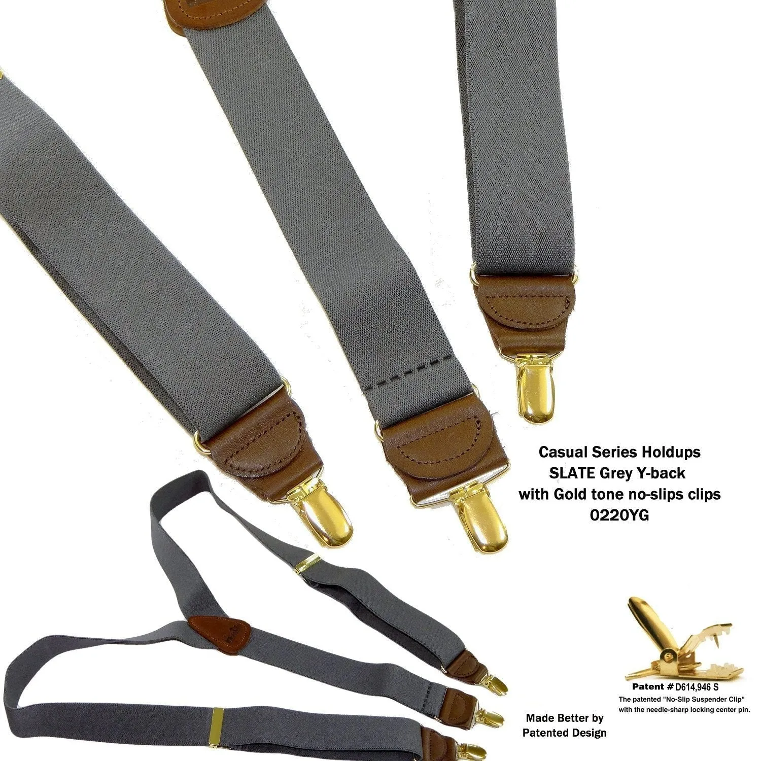 Men's Dark Slate Grey 1 1/2" wide Holdup Suspenders with Brown leather Y-back crosspatch and USA Patented No-slip Gold tone Clips