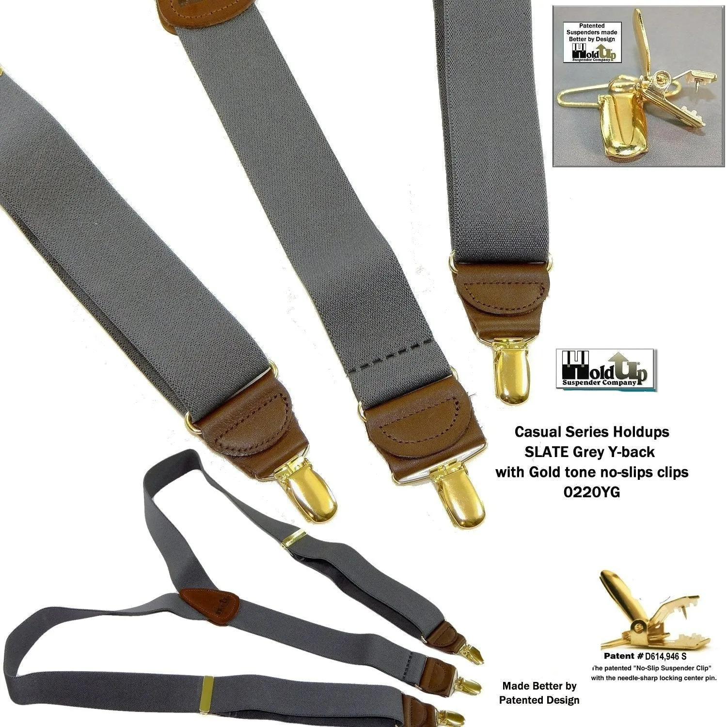 Men's Dark Slate Grey 1 1/2" wide Holdup Suspenders with Brown leather Y-back crosspatch and USA Patented No-slip Gold tone Clips