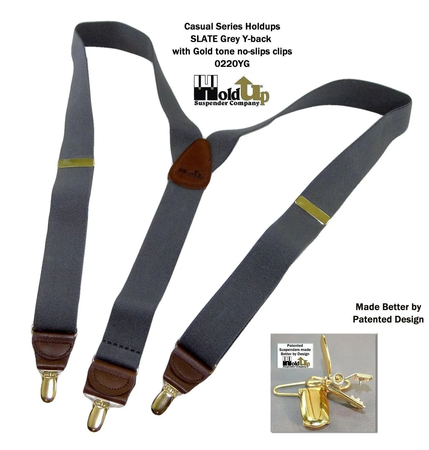 Men's Dark Slate Grey 1 1/2" wide Holdup Suspenders with Brown leather Y-back crosspatch and USA Patented No-slip Gold tone Clips