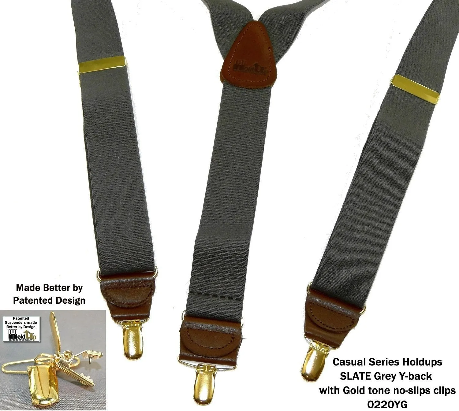 Men's Dark Slate Grey 1 1/2" wide Holdup Suspenders with Brown leather Y-back crosspatch and USA Patented No-slip Gold tone Clips