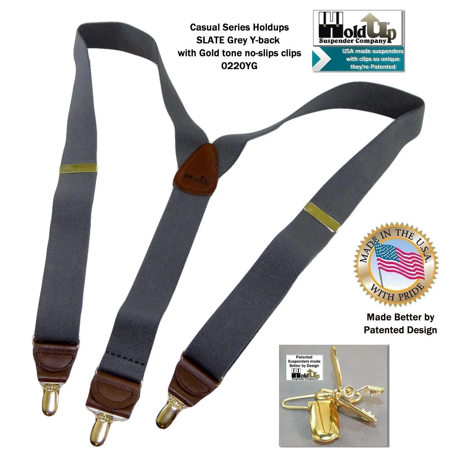 Men's Dark Slate Grey 1 1/2" wide Holdup Suspenders with Brown leather Y-back crosspatch and USA Patented No-slip Gold tone Clips