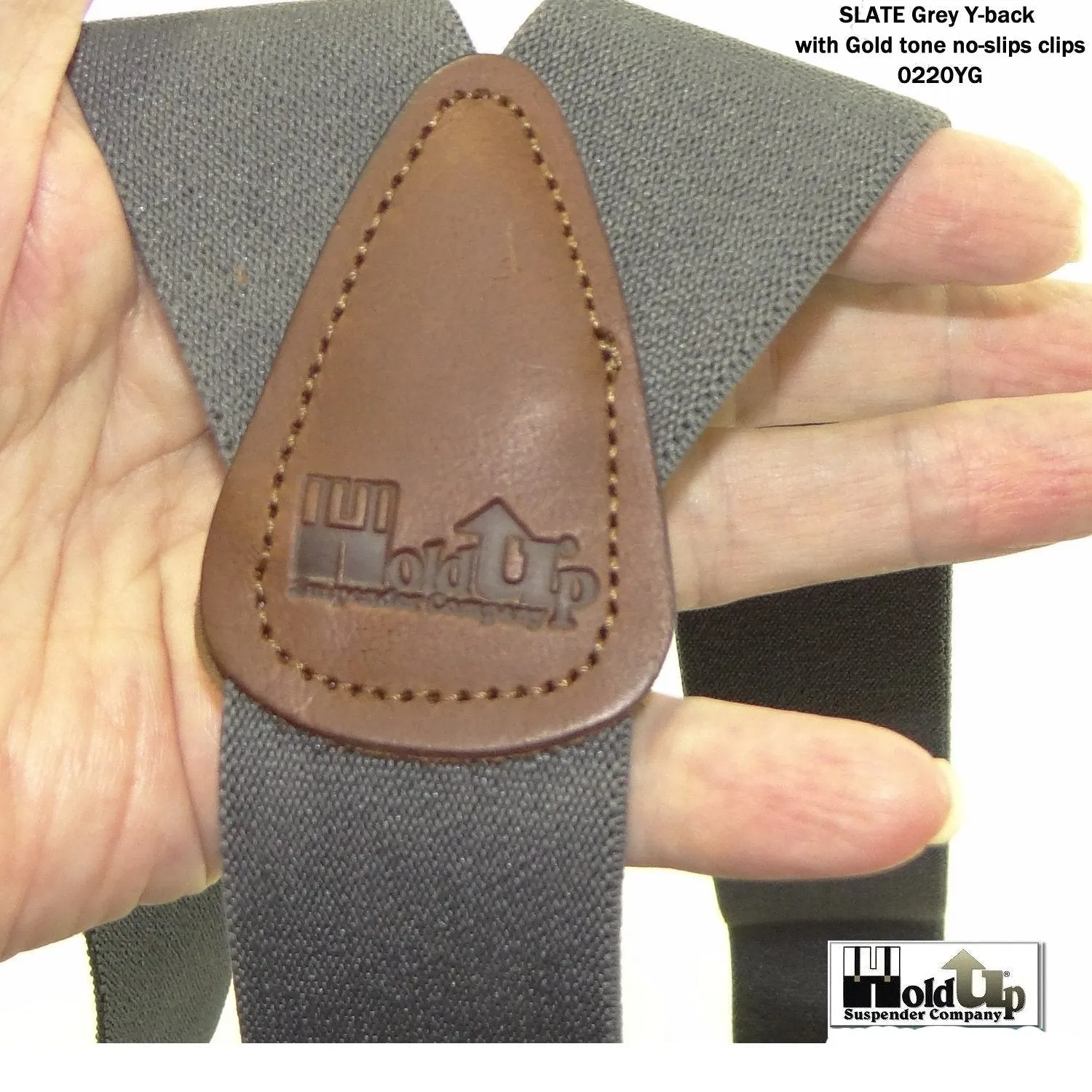 Men's Dark Slate Grey 1 1/2" wide Holdup Suspenders with Brown leather Y-back crosspatch and USA Patented No-slip Gold tone Clips