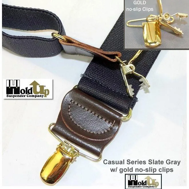 Men's Dark Slate Grey 1 1/2" wide Holdup Suspenders with Brown leather Y-back crosspatch and USA Patented No-slip Gold tone Clips