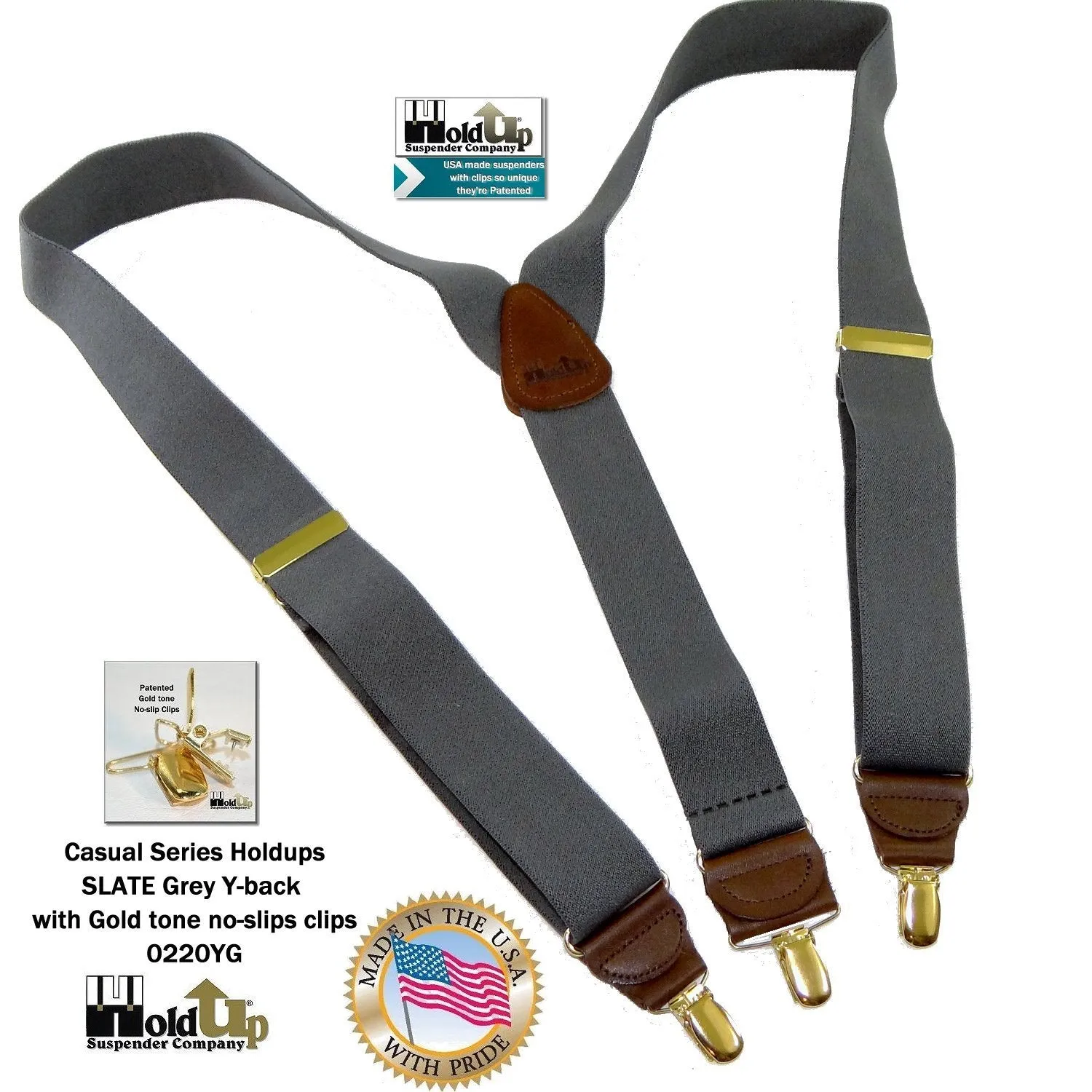 Men's Dark Slate Grey 1 1/2" wide Holdup Suspenders with Brown leather Y-back crosspatch and USA Patented No-slip Gold tone Clips