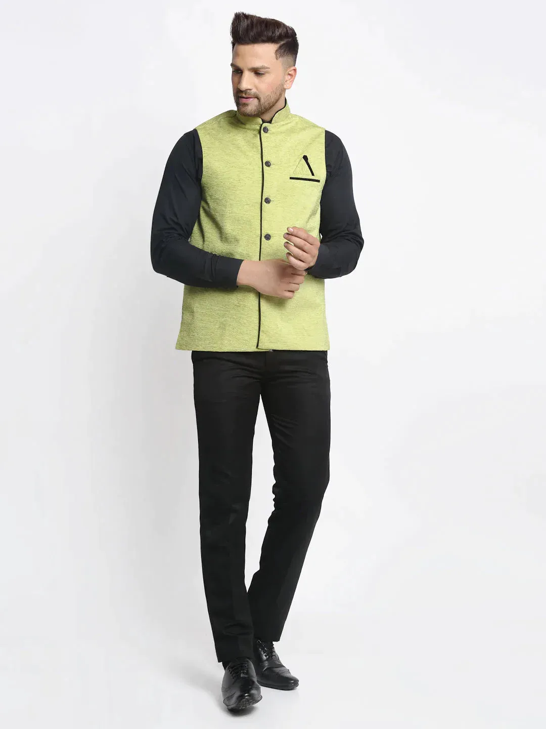 Men'S Green Solid Nehru Jacket With Square Pocket