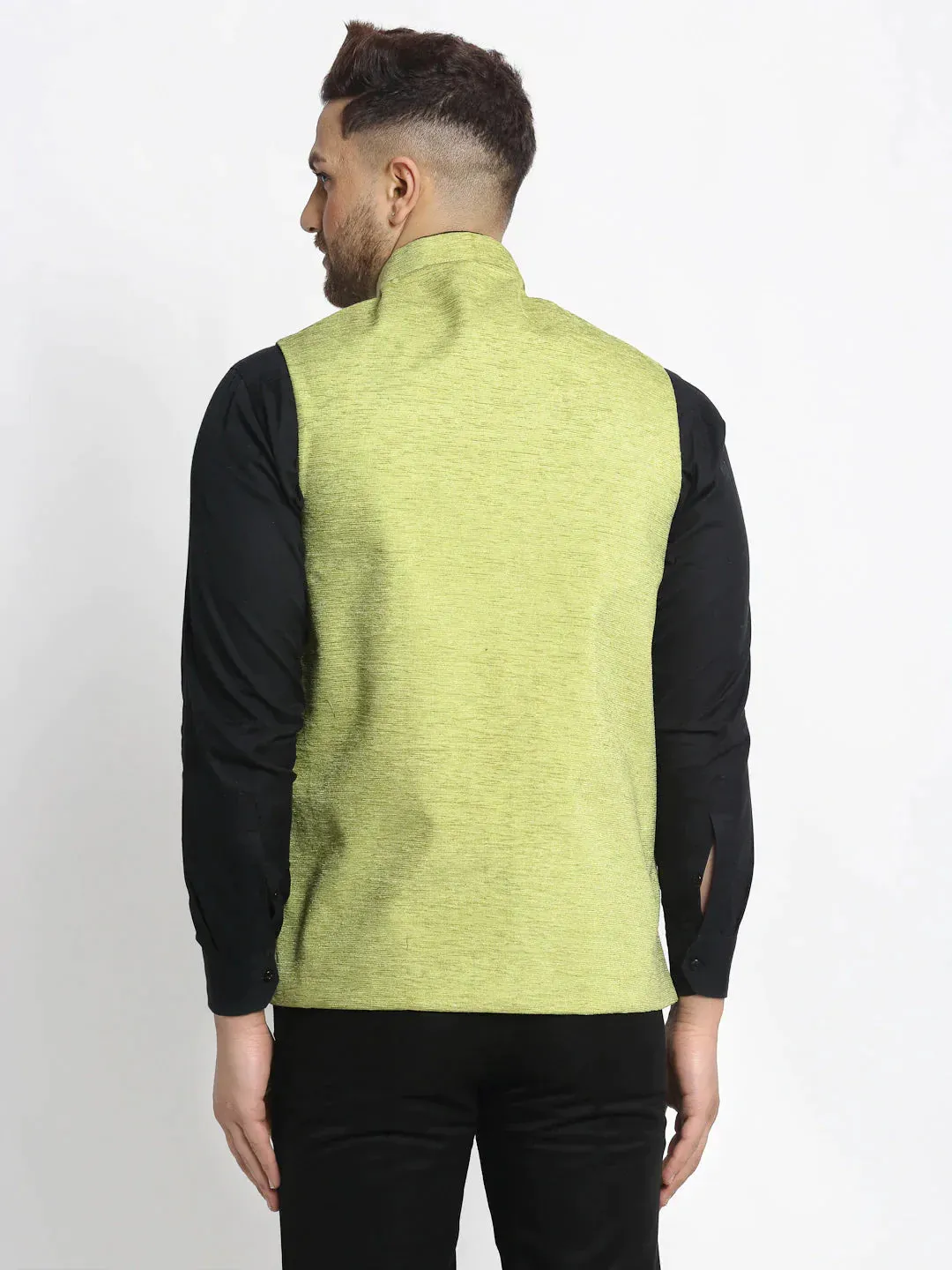 Men'S Green Solid Nehru Jacket With Square Pocket