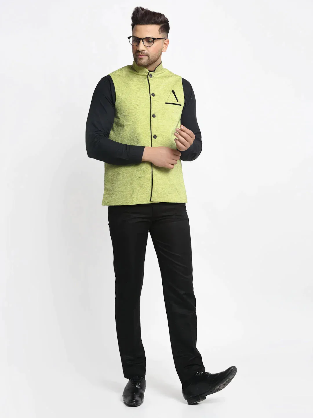 Men'S Green Solid Nehru Jacket With Square Pocket