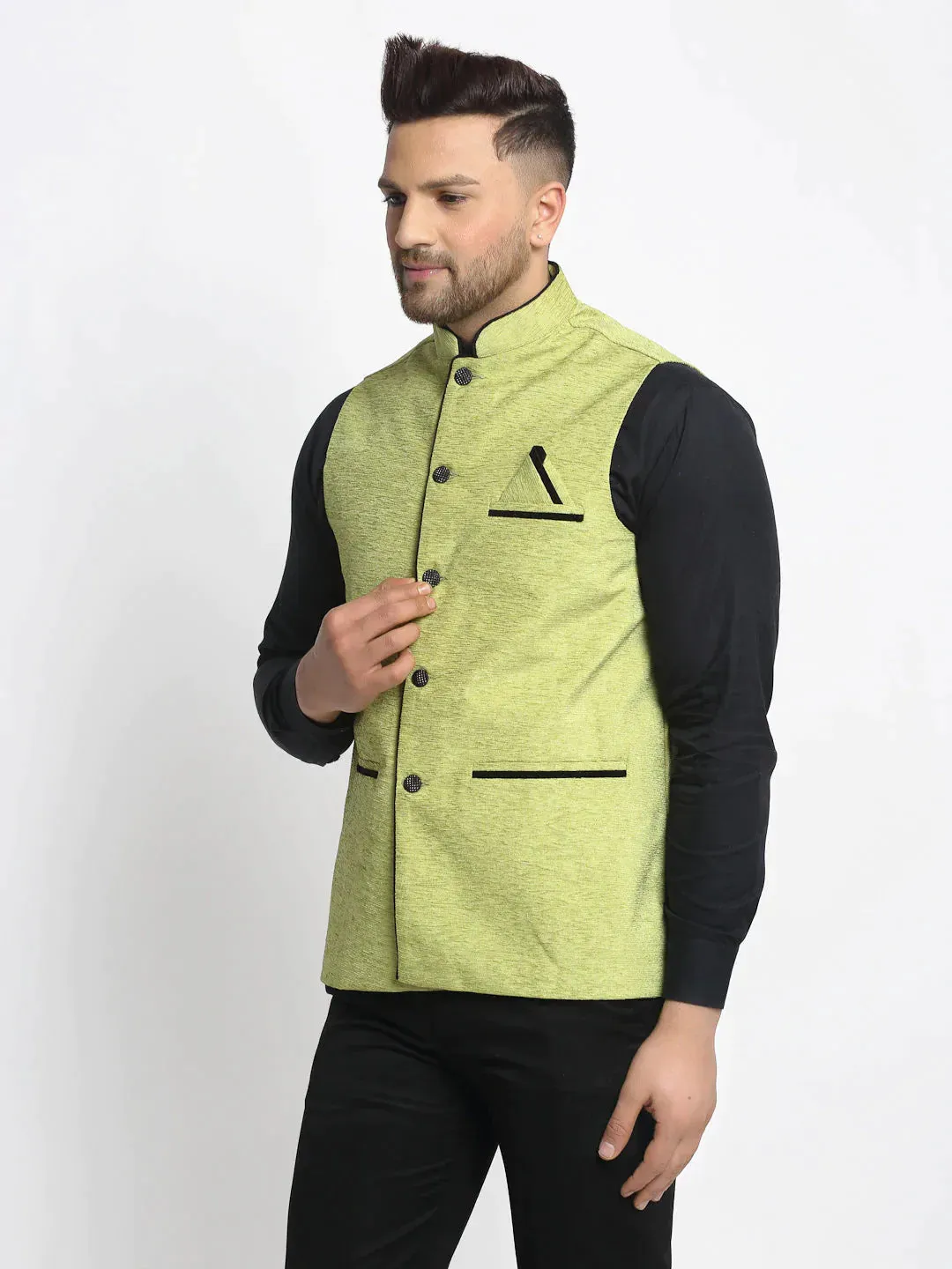 Men'S Green Solid Nehru Jacket With Square Pocket