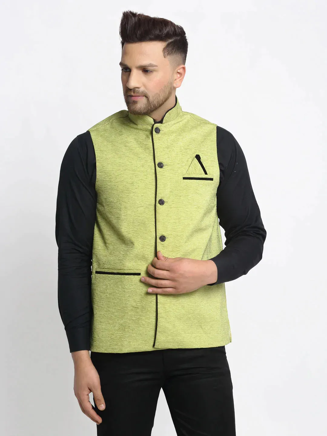 Men'S Green Solid Nehru Jacket With Square Pocket