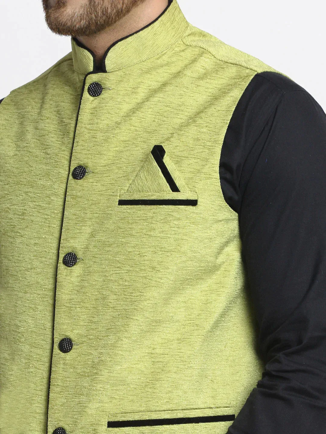 Men'S Green Solid Nehru Jacket With Square Pocket