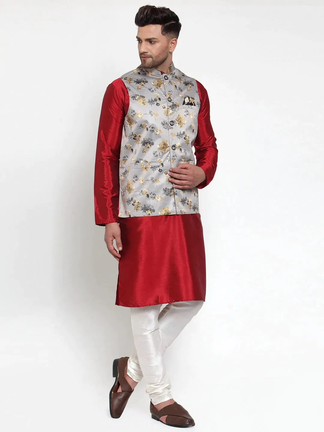 Men'S Grey Printed Nehru Jacket