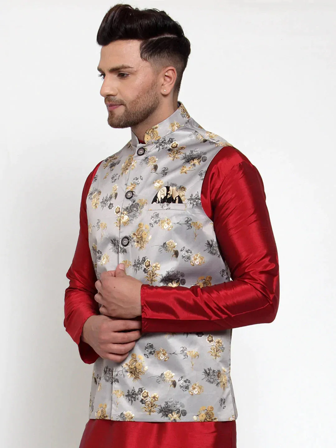 Men'S Grey Printed Nehru Jacket