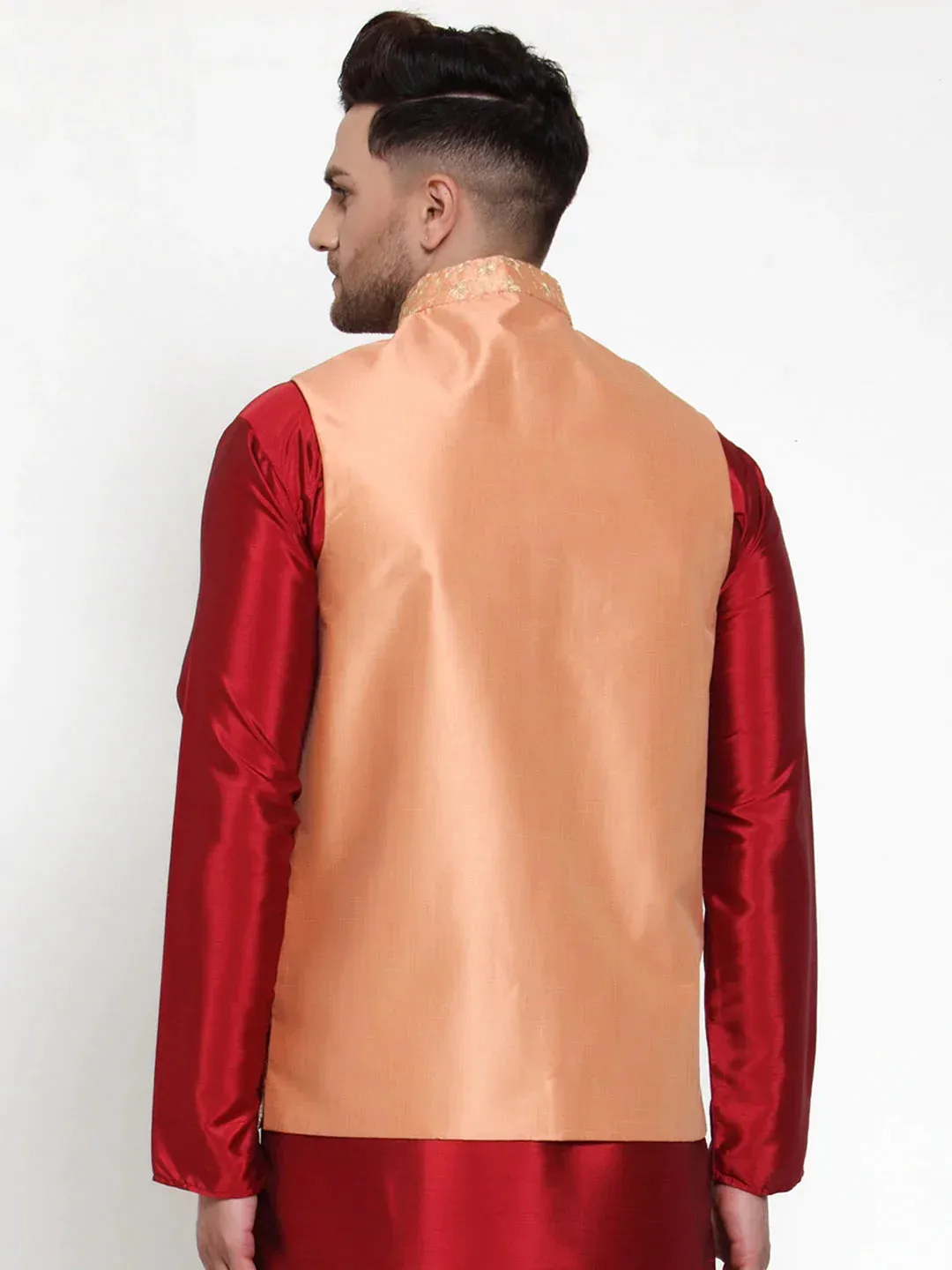 Men'S Peach Embroidered Nehru Jacket