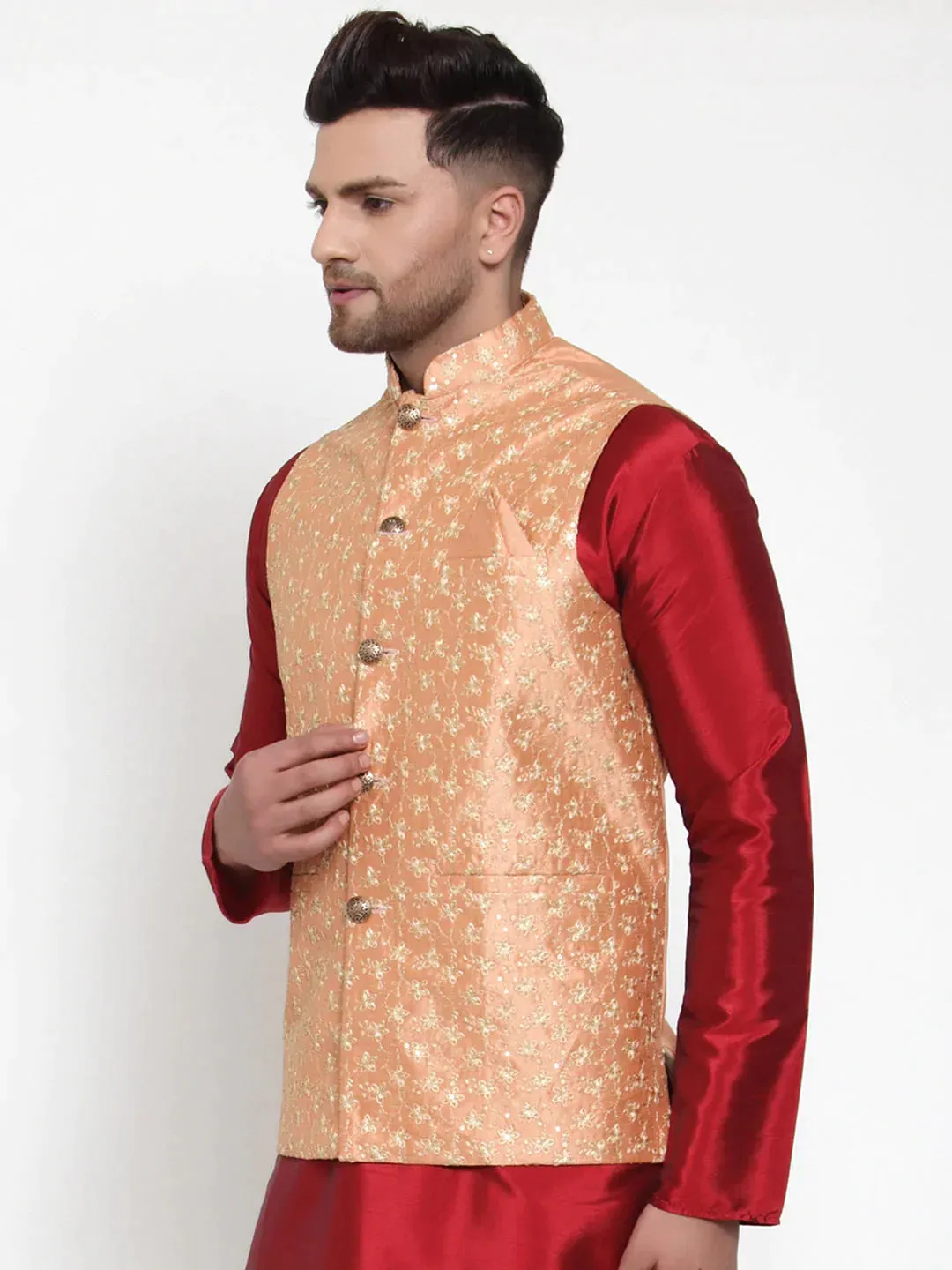 Men'S Peach Embroidered Nehru Jacket