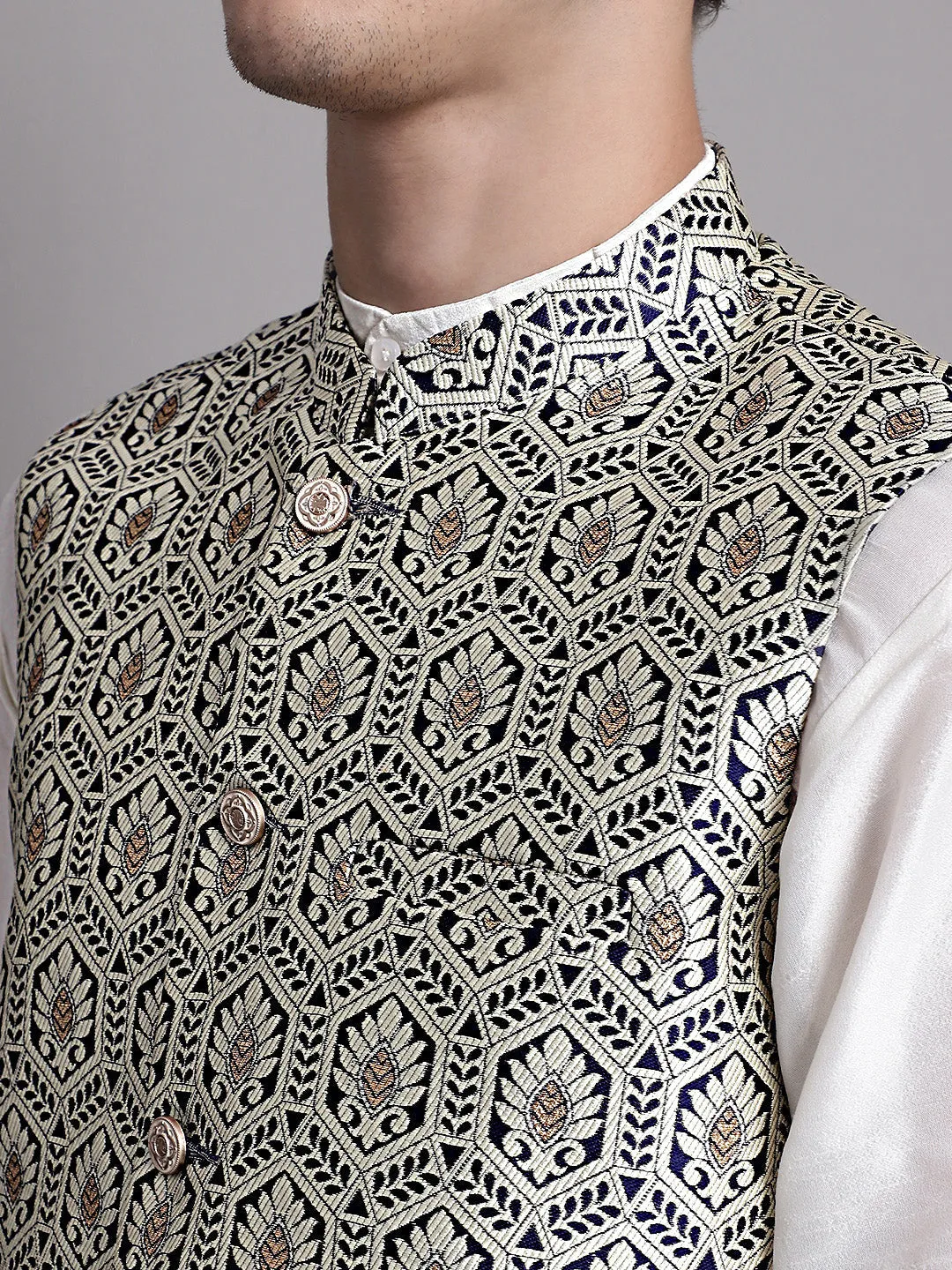 Men's Silver and Navy Blue Woven Design Nehru Jacket With Solid Kurta Pyjama.