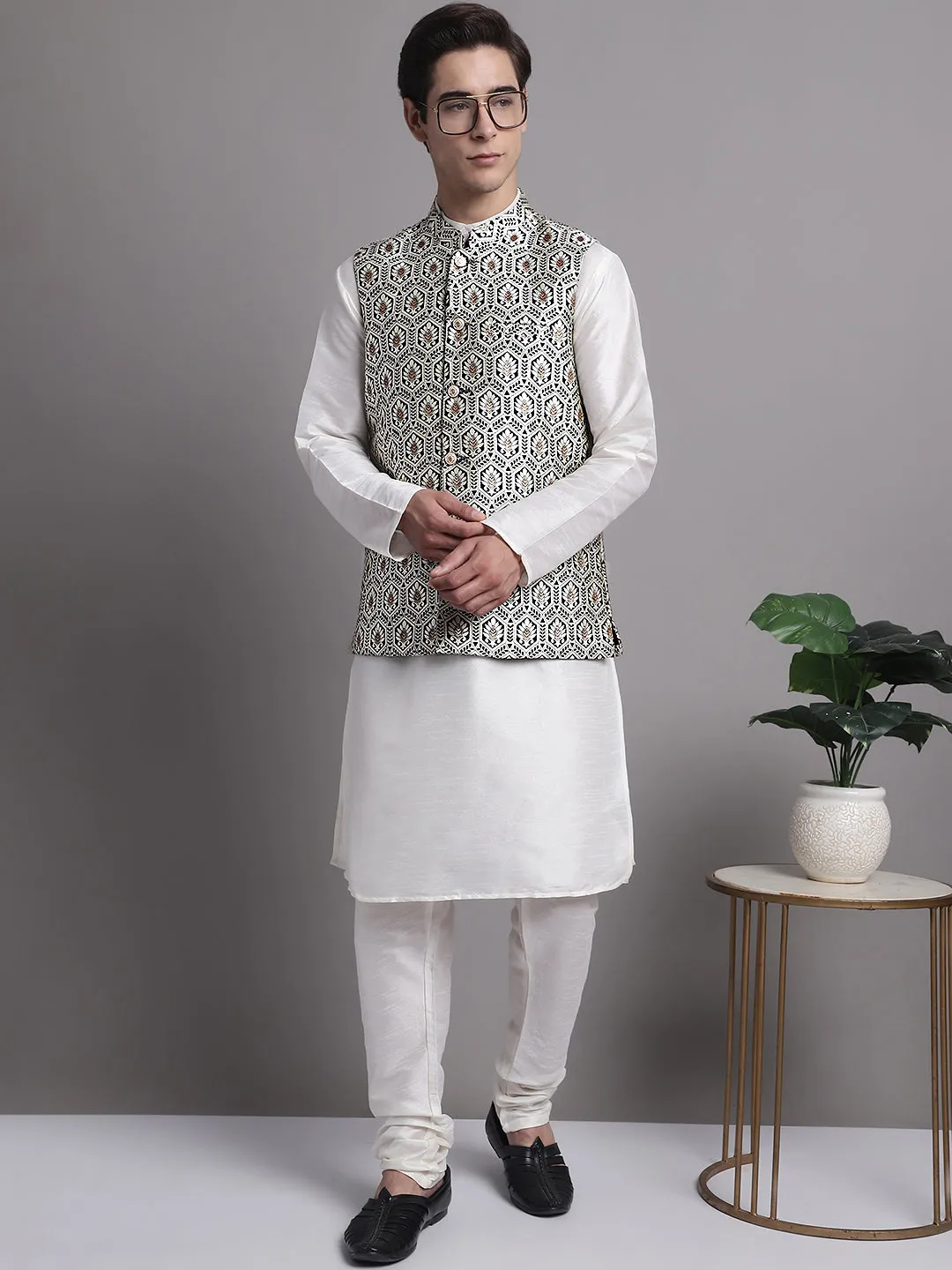 Men's Silver and Navy Blue Woven Design Nehru Jacket With Solid Kurta Pyjama.