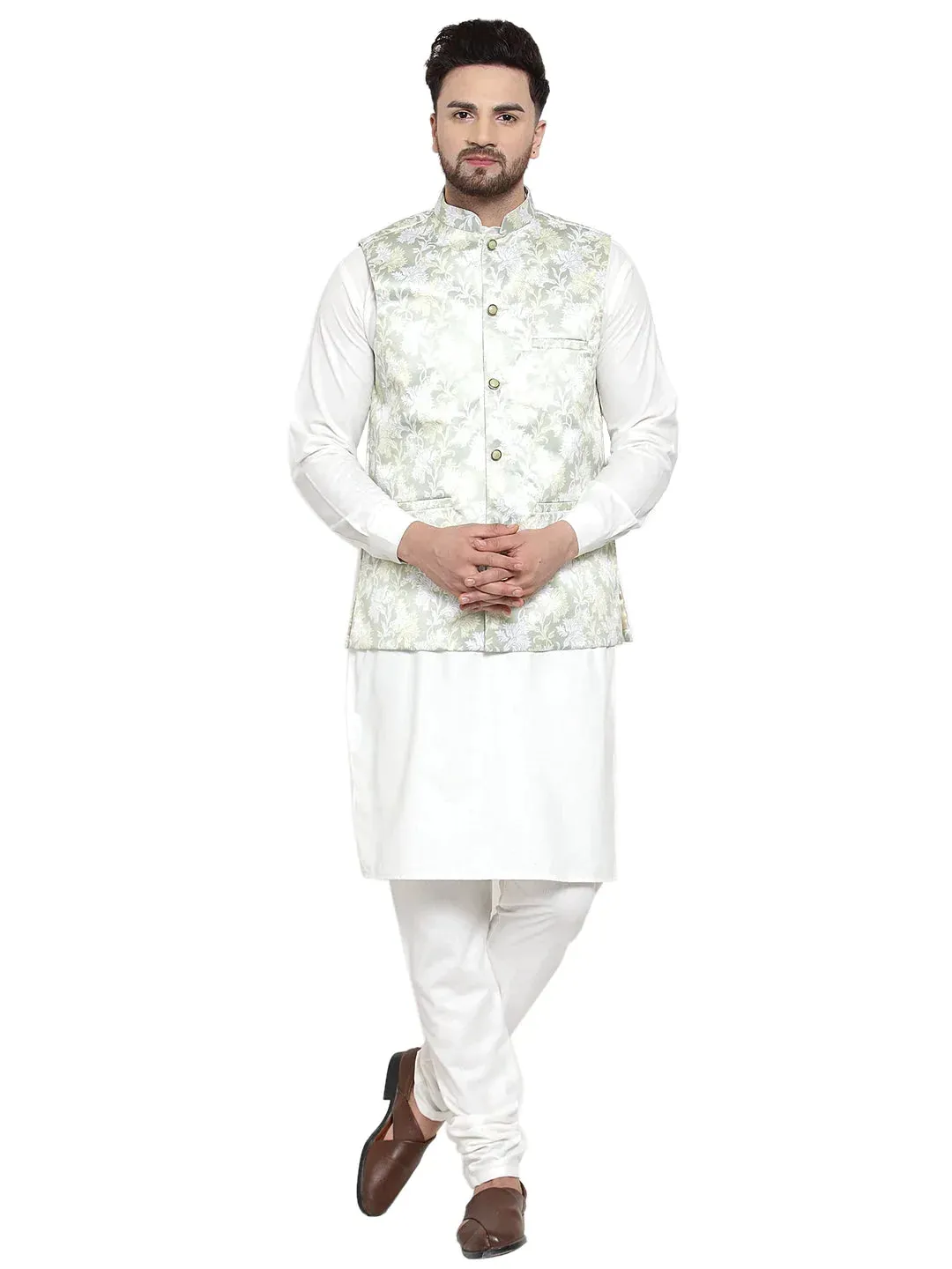 Men'S Solid Cotton Kurta Pajama With Printed Waistcoat