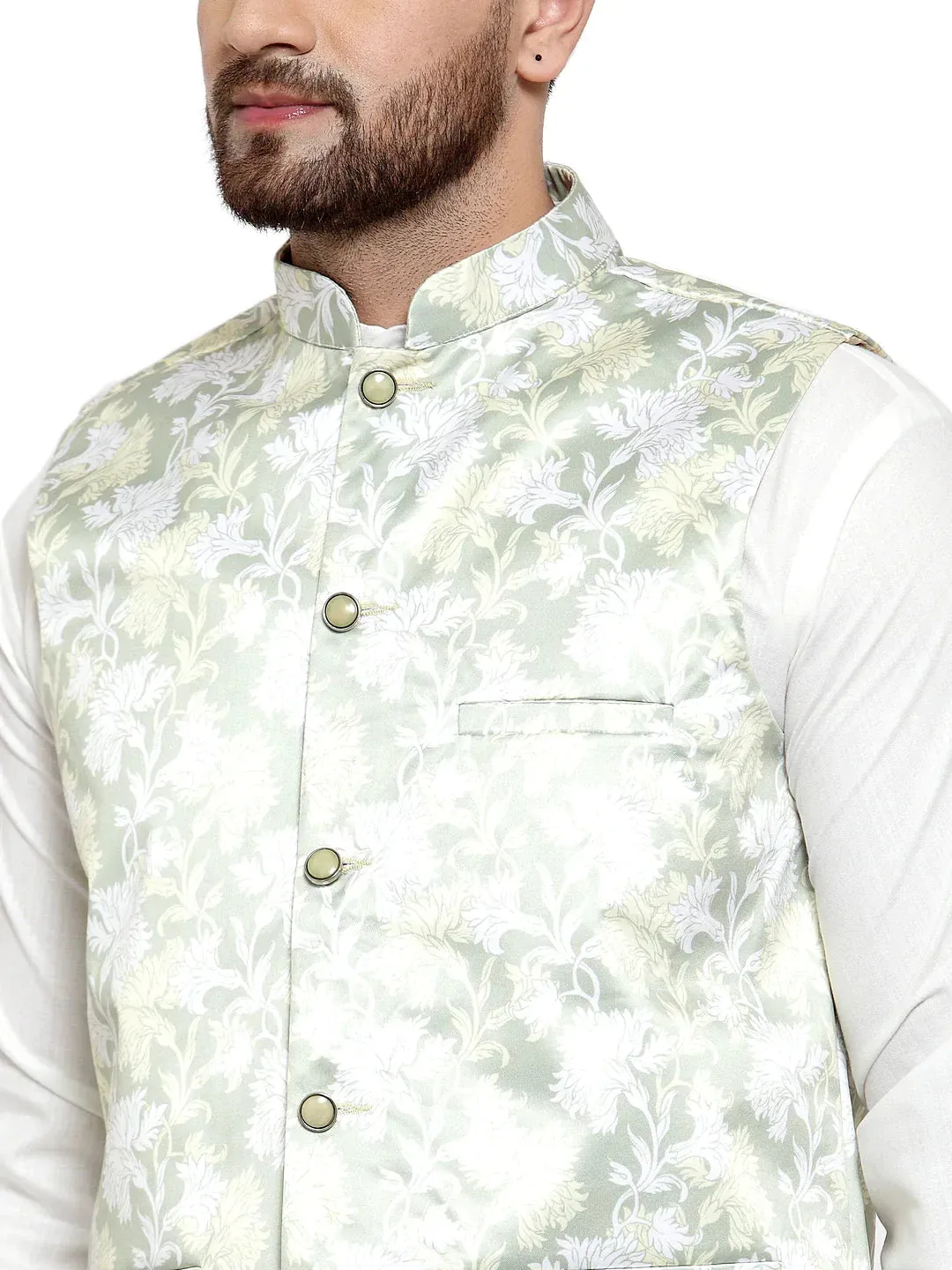 Men'S Solid Cotton Kurta Pajama With Printed Waistcoat