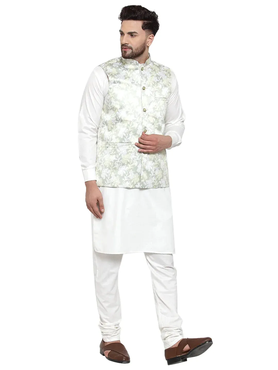 Men'S Solid Cotton Kurta Pajama With Printed Waistcoat