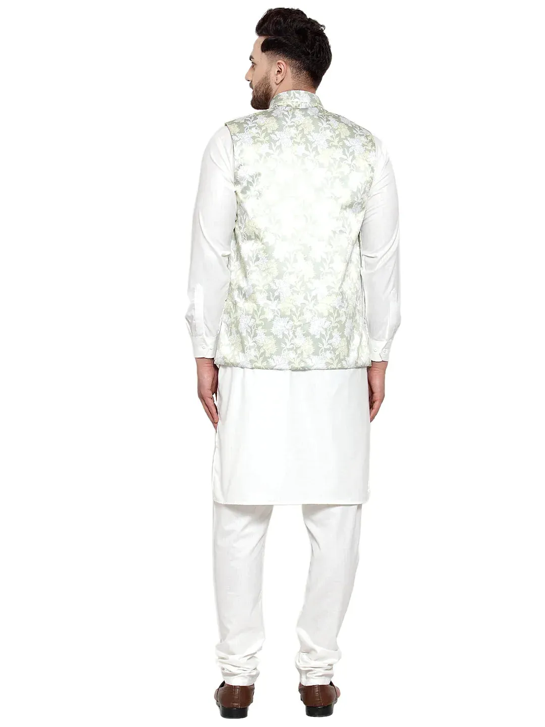 Men'S Solid Cotton Kurta Pajama With Printed Waistcoat