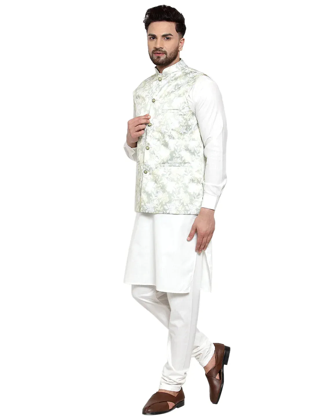 Men'S Solid Cotton Kurta Pajama With Printed Waistcoat