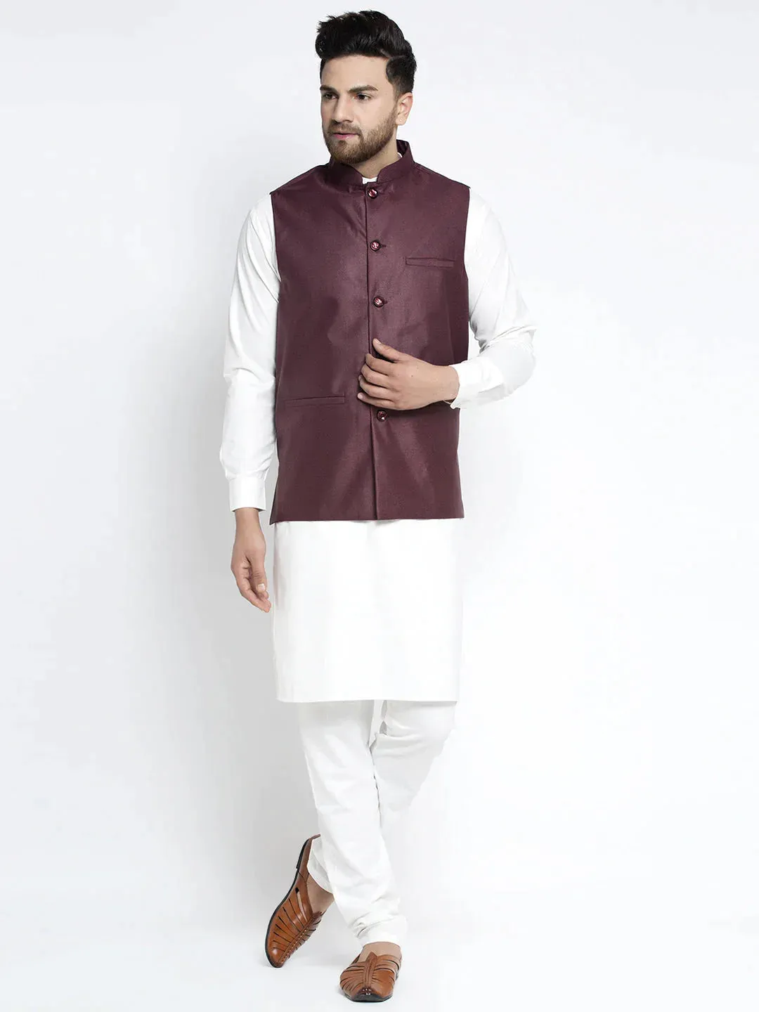 Men'S Solid White Cotton Kurta Payjama With Solid Maroon Waistcoat