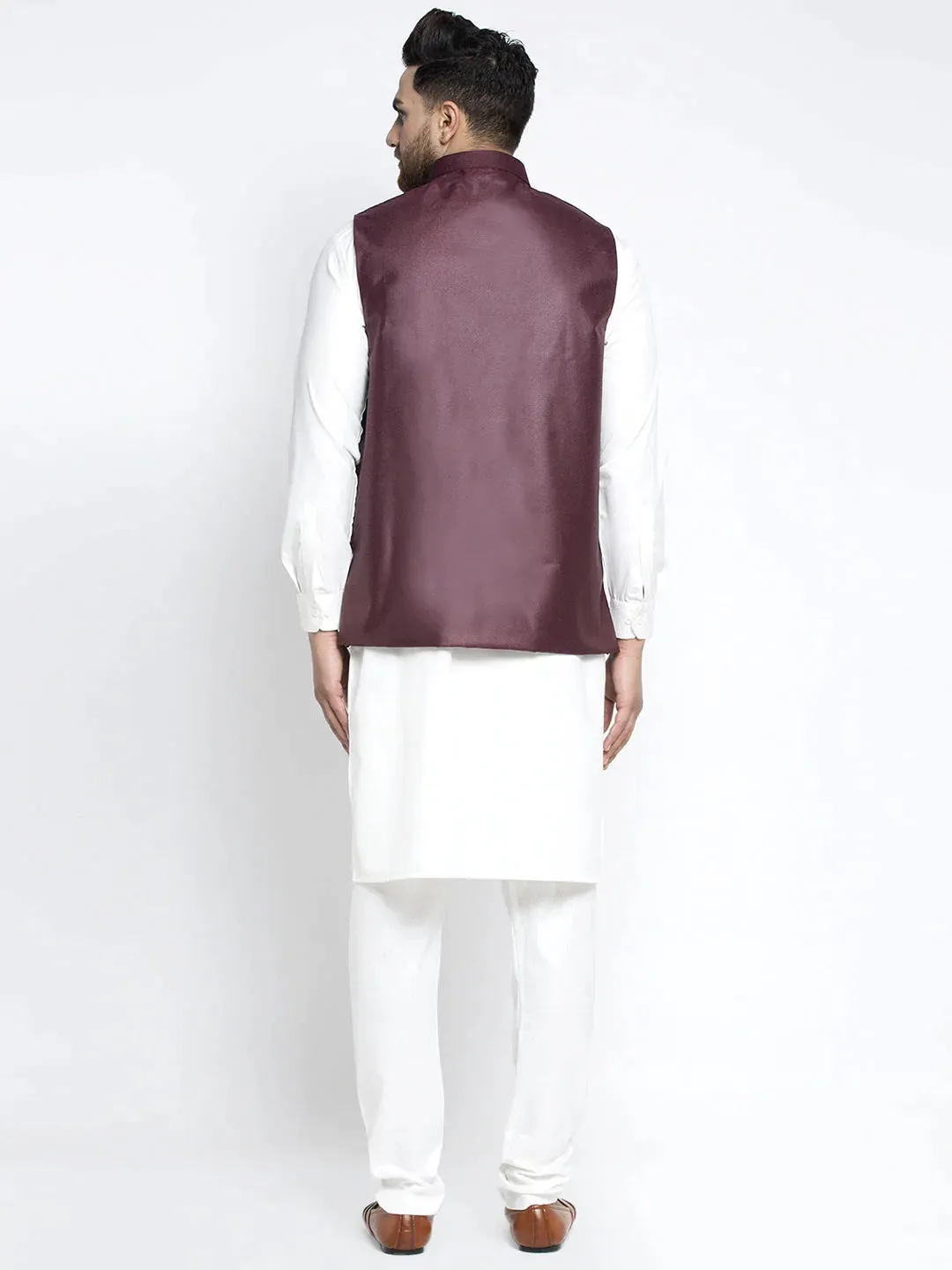 Men'S Solid White Cotton Kurta Payjama With Solid Maroon Waistcoat