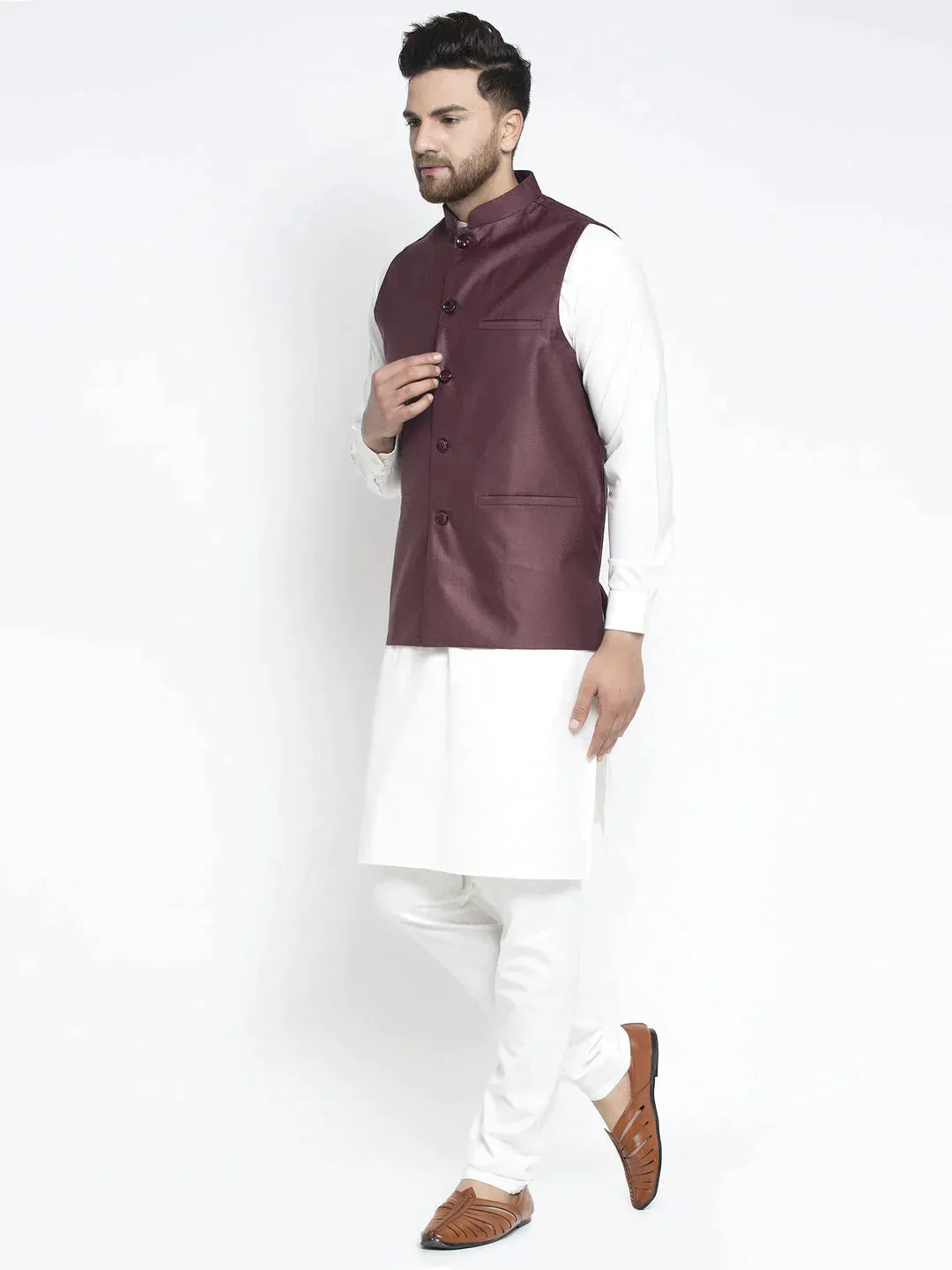 Men'S Solid White Cotton Kurta Payjama With Solid Maroon Waistcoat