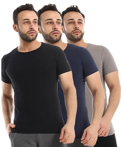 Men's T-Shirt, Half Sleeves Round Neck, 3 Pieces - Grey - Black - Navy