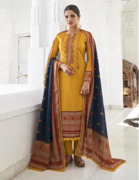 Mumtaz Lawn Cotton Unstitched Yellow Salwar Suit Material With Neck Embroidery