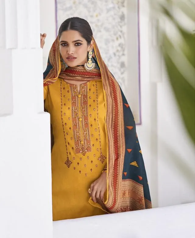 Mumtaz Lawn Cotton Unstitched Yellow Salwar Suit Material With Neck Embroidery