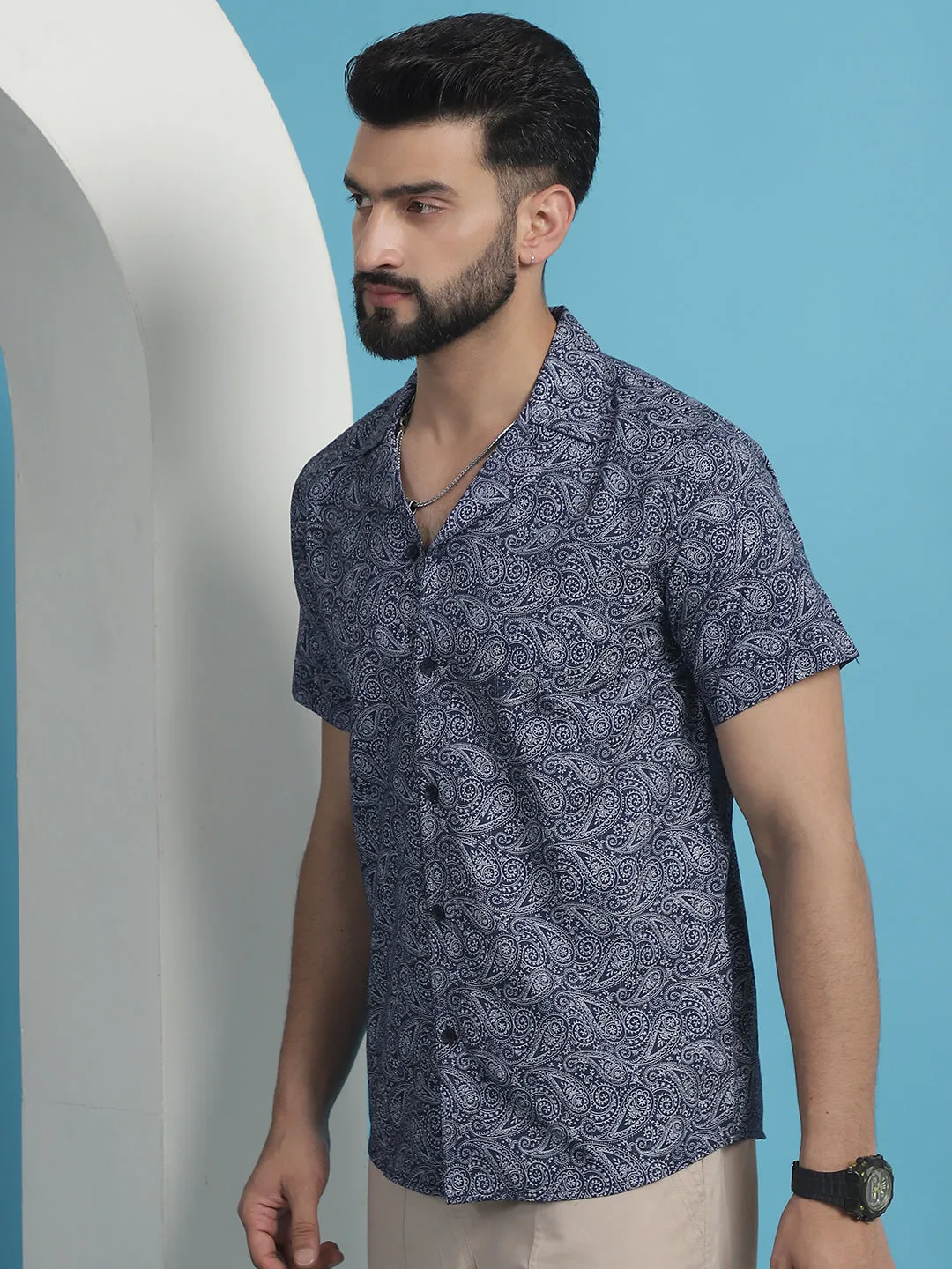 Navy Blue Paisley Printed Cotton Casual Shirt