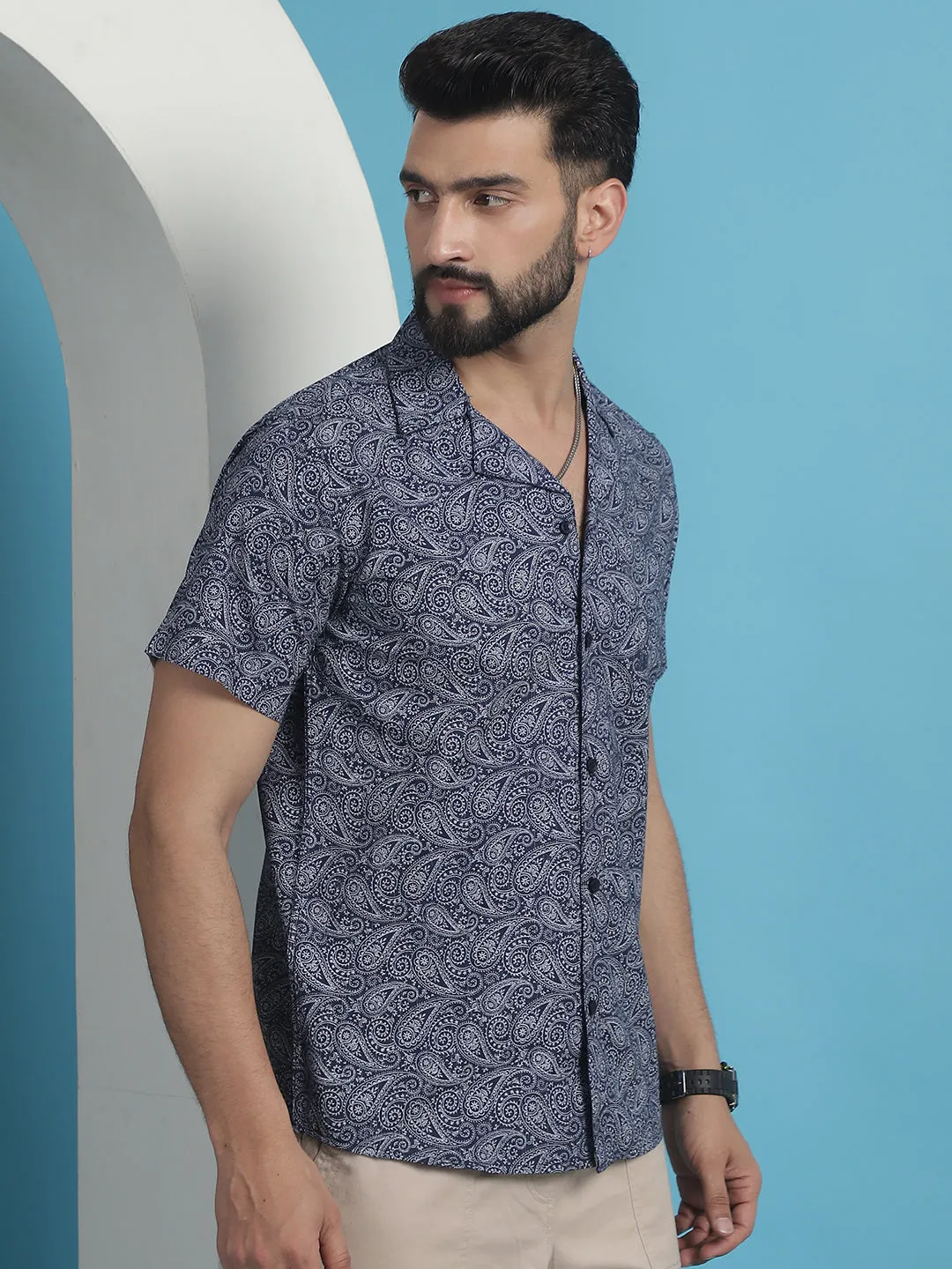 Navy Blue Paisley Printed Cotton Casual Shirt