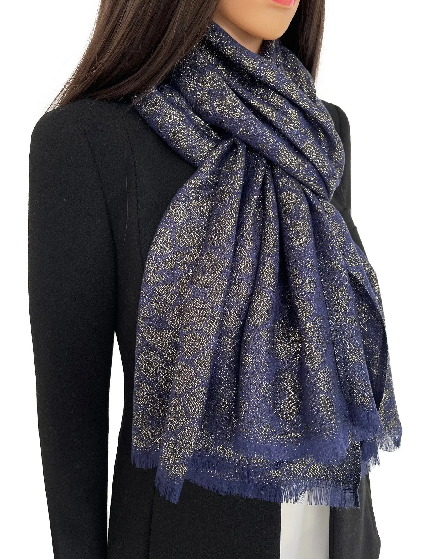 NAVY BLUE SPARKLY METALLIC LEOPARD PRINT EVENING SHAWL SCARF